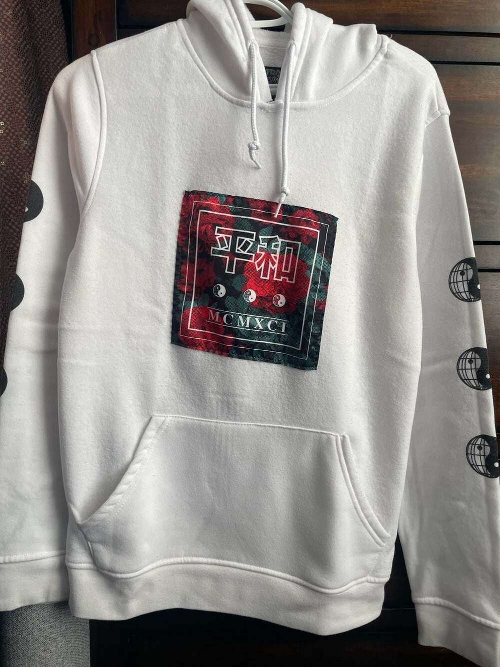 White Hoodie With Yin And Yang Rose MCMXCI Patch